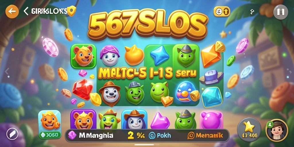 Tampilan gameplay 567SLOTS dengan kombinasi simbol Match-3 yang cerah.