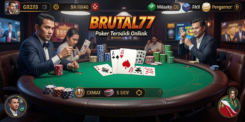 Screenshot gameplay BRUTAL77 menampilkan suasana permainan Poker yang seru.