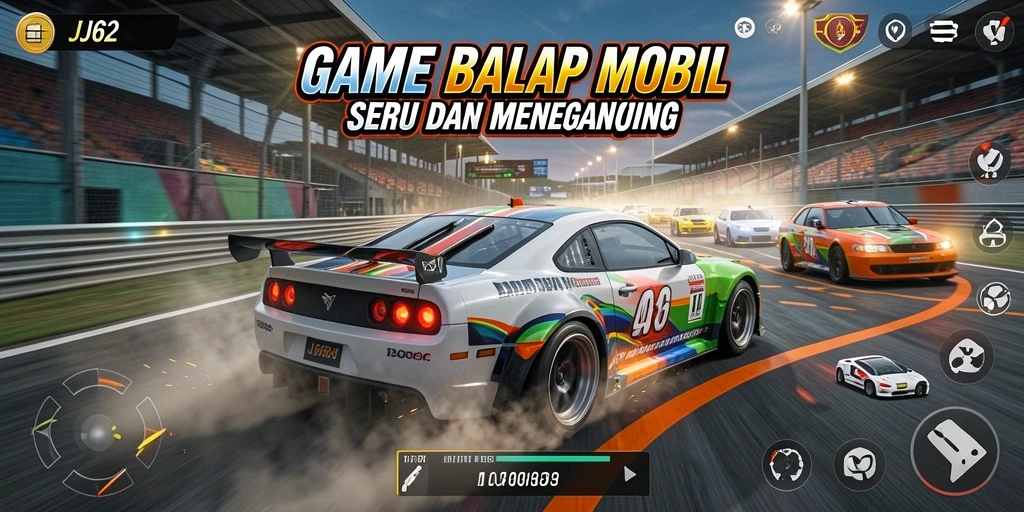 Screenshot gameplay JJ62 menampilkan balapan mobil yang mendebarkan.