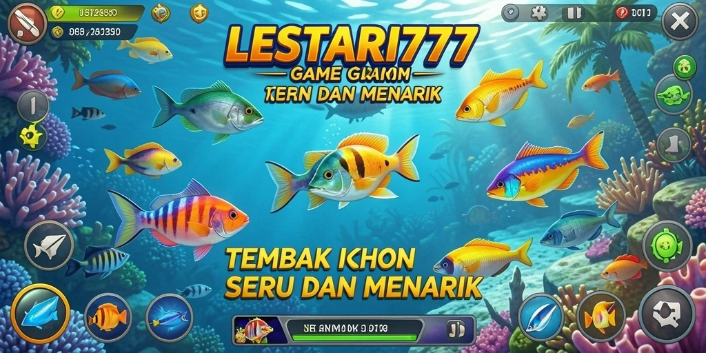 Screenshot gameplay Tembak Ikan yang menampilkan ikan dan senjata.