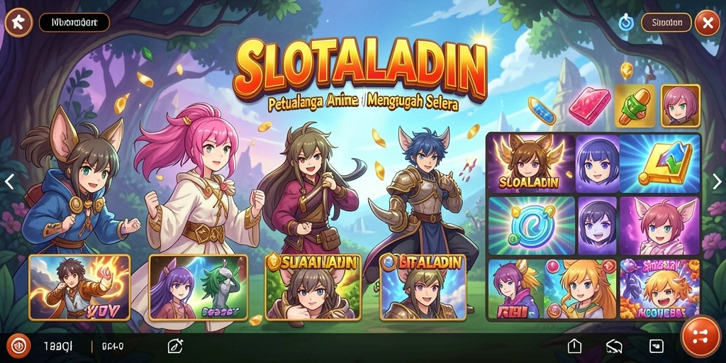 Tampilan seru gameplay SLOTALADIN dengan karakter anime yang dinamis.