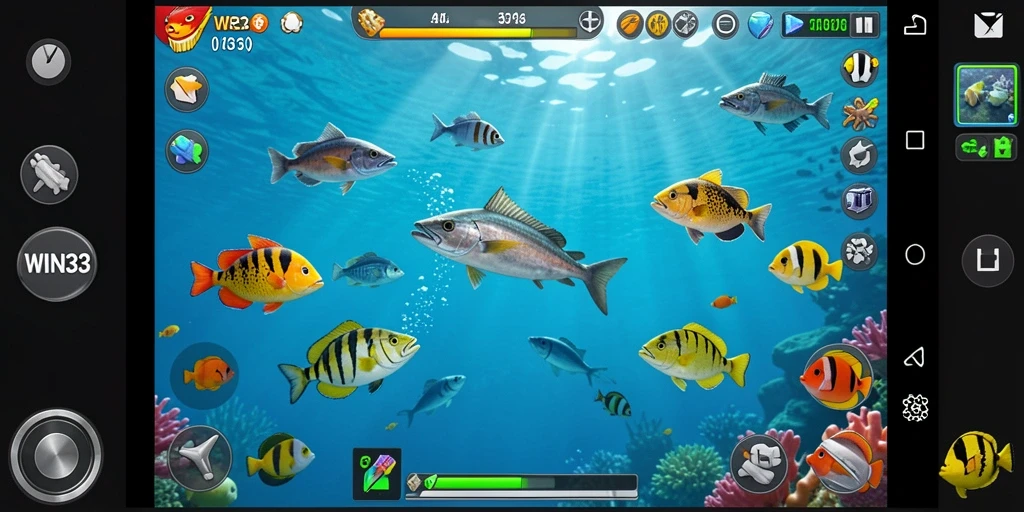Tampilan gameplay seru di WIN33 menembak ikan di bawah laut.